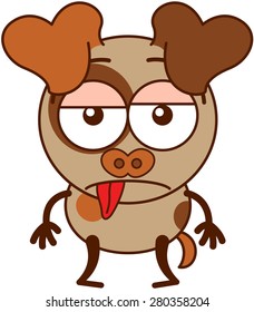 Cute brown dog in minimalistic style with big hanging ears, bulging eyes and pointy tail while sticking its tongue out and showing a sad apathetic attitude