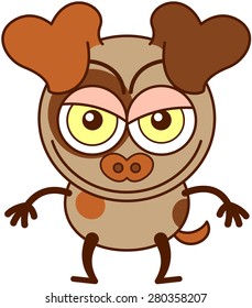 Cute brown dog in minimalistic style with big hanging ears, bulging eyes and pointy tail while walking, frowning, smiling mischievously and showing a naughty mood