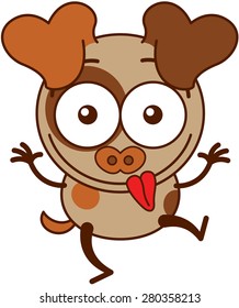 Cute brown dog in minimalistic style with big hanging ears and pointy tail while raising its arms, crossing its bulging eyes, sticking its tongue out and making funny faces