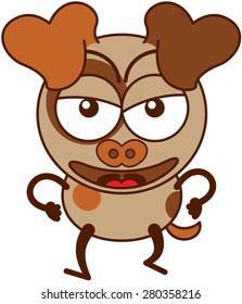 Cute brown dog in minimalistic style with big hanging ears, bulging eyes and pointy tail while walking, frowning, clenching its fists and showing a very angry mood
