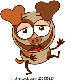 Cute brown dog in minimalistic style with big hanging ears, bulging eyes and pointy tail while having fun and laughing animatedly