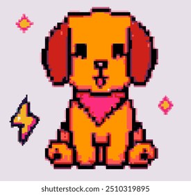 Cute brown dog in pixel art simple style.