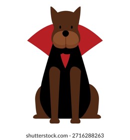 Cute brown dog wearing a vampire costume with a red cape and black suit, perfect for halloween celebrations