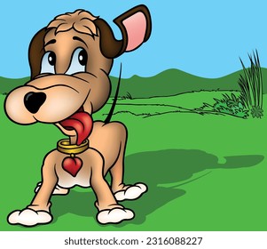 Cute Brown Doggy with Tongue Out and Blue Eyes - Colored Cartoon Illustration with Background, Vector