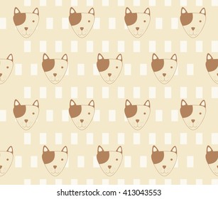 Cute brown dogs face with stripes white square design on brown background pattern seamless backdrop wallpaper. Vector image