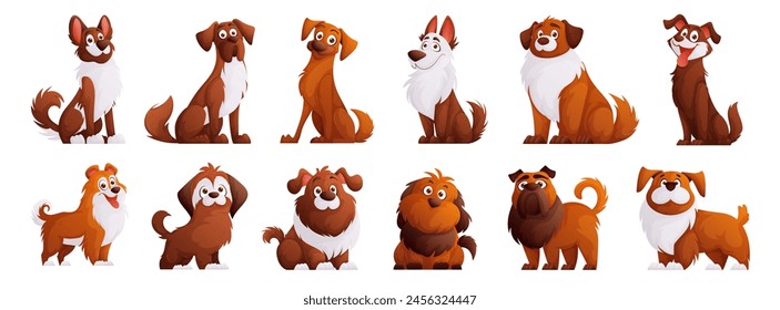 Cute brown dogs vector set. Cartoon characters of dogs or puppies create a collection with different breeds.