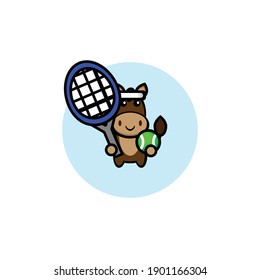 Cute brown donkey mascot illustration design playing tennis