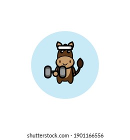 Cute brown donkey mascot illustration design lifting a barbell