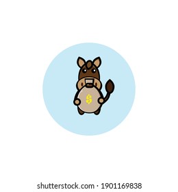 Cute brown donkey mascot illustration design holding a treasure bag