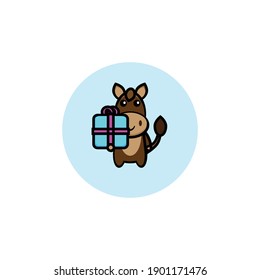 Cute brown donkey mascot illustration design holding a gift