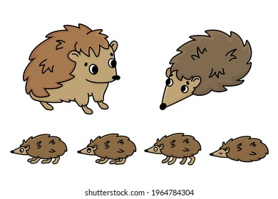 Cute brown doodle cartoon hedgehog family of six. Vector outline isolated hand drawn animals. Illustration of male, female, baby kids that sleep, walk, sit, wondered on white background