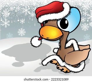 Cute Brown Duckling with Big Blue Eyes in Santa Claus Costume - Colored Cartoon Illustration with Background, Vector