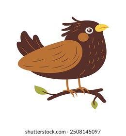 Cute Brown Eagle Hawk Falcon Bird Animal Cartoon Character Perched on Tree Branch