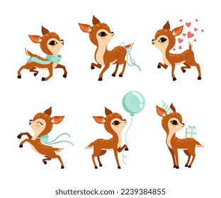 Cute Brown Fawn or Baby Deer Wearing Scarf, Holding Balloon, Jumping and Carrying Gift Box Vector Set