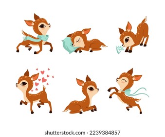 Cute Brown Fawn or Baby Deer Sleeping on Pillow, Wearing Scarf, Jumping and Smelling Flower Vector Set