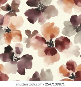 Cute brown floral seamless watercolor pattern on cream background. Flower vector illustration. Watercolor print in rustic vintage style, textile or wallpapers.