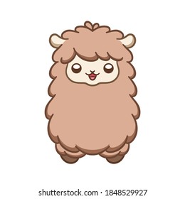 Cute brown fluffy sheep, alpaca, llama animal cartoon character head, with happy facial expression, vector illustration design on white background.