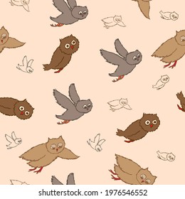 Cute, brown flying hand drawn owl pattern, vector illustrations