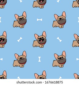 Cute brown french bulldog cartoon seamless pattern, vector illustration