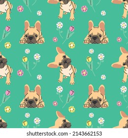 CUTE BROWN FRENCH BULLDOG PUPPY WITH BEAUTIFUL FLORAL SEAMLESS PATTERN. 