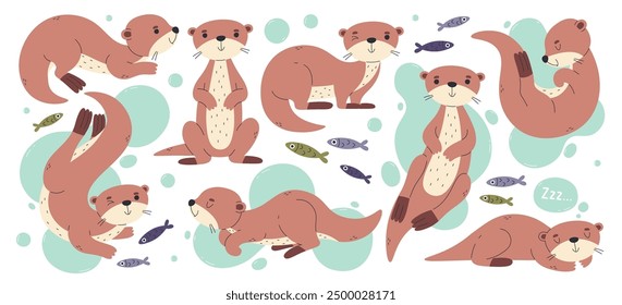 Cute brown furry otter cartoon wild animal characters playing, swimming in water with fish and sleeping set. Adorable friendly smiling pet mascot vector illustration. Funny carnivore creature drawing