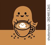 Cute brown ghost character holding a steaming coffee cup with a ghost shaped latte brown background