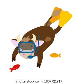 A cute brown goby swims surrounded by fish. A scuba diving lady swims on vacation. Summer vacation concept at sea. Vector image on a white background.