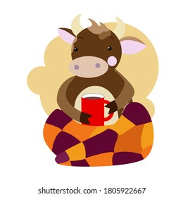 A cute brown goby under a warm padded blanket is holding a red mug with a hot drink in his hands. Happy autumn concept. vector image on white background.