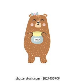 Cute brown grizzly bear with a honey jar. Forest character for kids design. Vector illustration