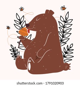 Cute brown grizzly bear on a beige background. Teddy sits and eats honey from the hive, bees are flying around. Organic Honey Products Concept Packaging Design Cartoon Vector Illustration