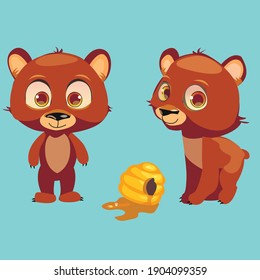Cute brown grizzly teddy bear stands on  hind legs and goes adventure wildlife cartoon animation vector