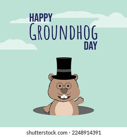 Cute brown groundhog with mustache and glasses with hat on head peeks out from a hole on a blue background with clouds. Greeting card lettering Happy Groundhog Day