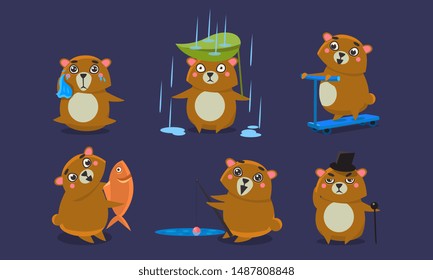 Cute Brown Guinea Pig Character Set, Funny Cavy Anima in Different Situations Vector Illustration