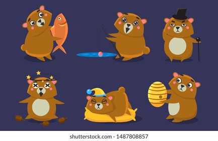 Cute Brown Guinea Pig Character Set, Funny Humanized Cavy Anima in Different Situations Vector Illustration