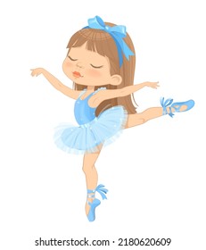 Cute Brown Hair Ballerina Girl. Little Caucasian Girl in Blue Tutu Dress and Pointe Dances. Girl Ballet Dancer Kit Design Cartoon Illustration.