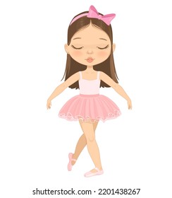 Cute Brown Hair Ballerina Girl Con Ojos Cerrados Bailando. Niña pequeña caucásica con traje rosado tutu y punta. Vector