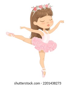 Cute Brown Hair Ballerina Girl With Eyes Closed Dancing. Little Caucasian Girl in Pink Tutu Dress and Pointe. Vector,