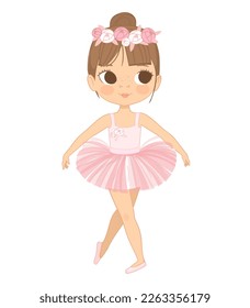 Cute Brown Hair Ballerina Girl Tanz. Kleine Ballerina in einem rosafarbenen Tutu-Kleid und Rosenblumenkranz. Vektorgrafik, Adorable Girl in einem rosa Kleid. isoliert