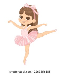 Cute Brown Hair Ballerina Girl Tanz. Kleine Ballerina in einem rosafarbenen Tutu-Kleid und Big Bow in ihrem Haar. Vektorgrafik, Adorable Girl in einem rosa Kleid. isoliert