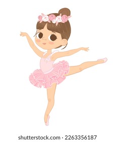 Cute Brown Hair Ballerina Girl Tanz. Kleine Ballerina in einem rosafarbenen Tutu-Kleid und Rosenblumenkranz. Vektorgrafik, Adorable Girl in einem rosa Kleid. isoliert