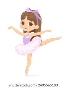 Cute Brown Hair Ballerina Girl Dancing. Little Caucasian Girl in Pink Tutu Dress and Pointe. Vector,