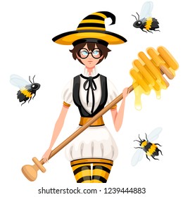 Cute brown hair honey witch flying with bees. Female holding honey dipper, magic wand. Striped bee style costume. Flat vector illustration isolated on white background.