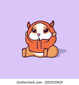 Cute Brown Hamster Sit and Using Red Jacket Cartoon Icon Illustration. Animal Wild Life Cute Icon Concept Vector. Cute Cartoon Style