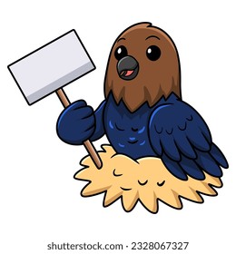 Cute brown headed cowbird cartoon holding blank sign
