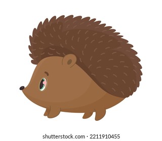 Cute brown hedgehog. Animal with needles on its back. Sticker for social networks and instant messengers. Poster or banner for website. Toy or mascot for kids. Cartoon flat vector illustration