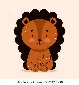 Cute brown hedgehog in cartoon flat style. Forest animals. Vector illustration for nursery, print on textiles.