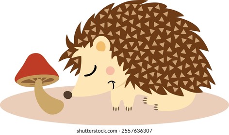 Cute brown hedgehog with mushroom