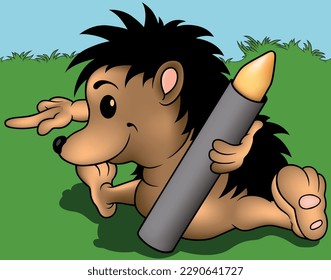 Cute Brown Hedgehog Sitting on the Ground with a Wax Crayon in his Paw - Colored Cartoon Illustration with Background, Vector