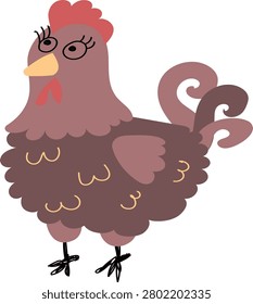 Cute brown hen vector illustration. Funny cartoon chicken character in flat doodle style isolated on white background. Farm animal design element for Easter, children books, or organic food packaging.