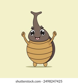 Cute brown horned beetle character with a big smile